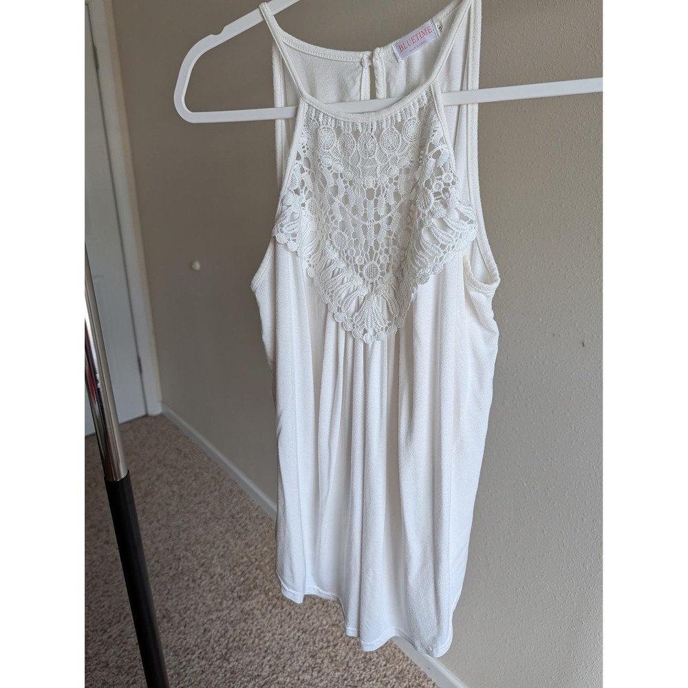 Bluetime White Halter Tank Top Crochet Lace Bib Keyhole Back Size S